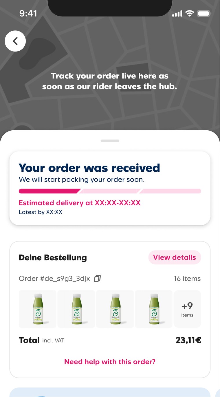 Order Tracking: a dimmed map with the message that tracking begins when the rider leaves the hub, above an order-received status card