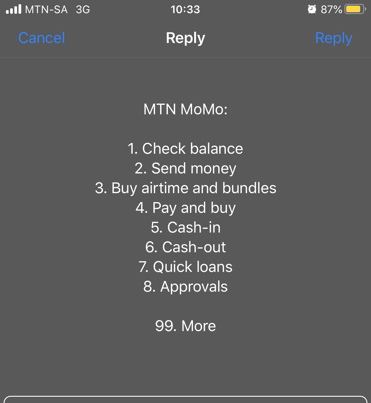 Real USSD reply menu: check balance, send money, buy airtime and bundles, pay and buy, cash-in, cash-out, quick loans, approvals