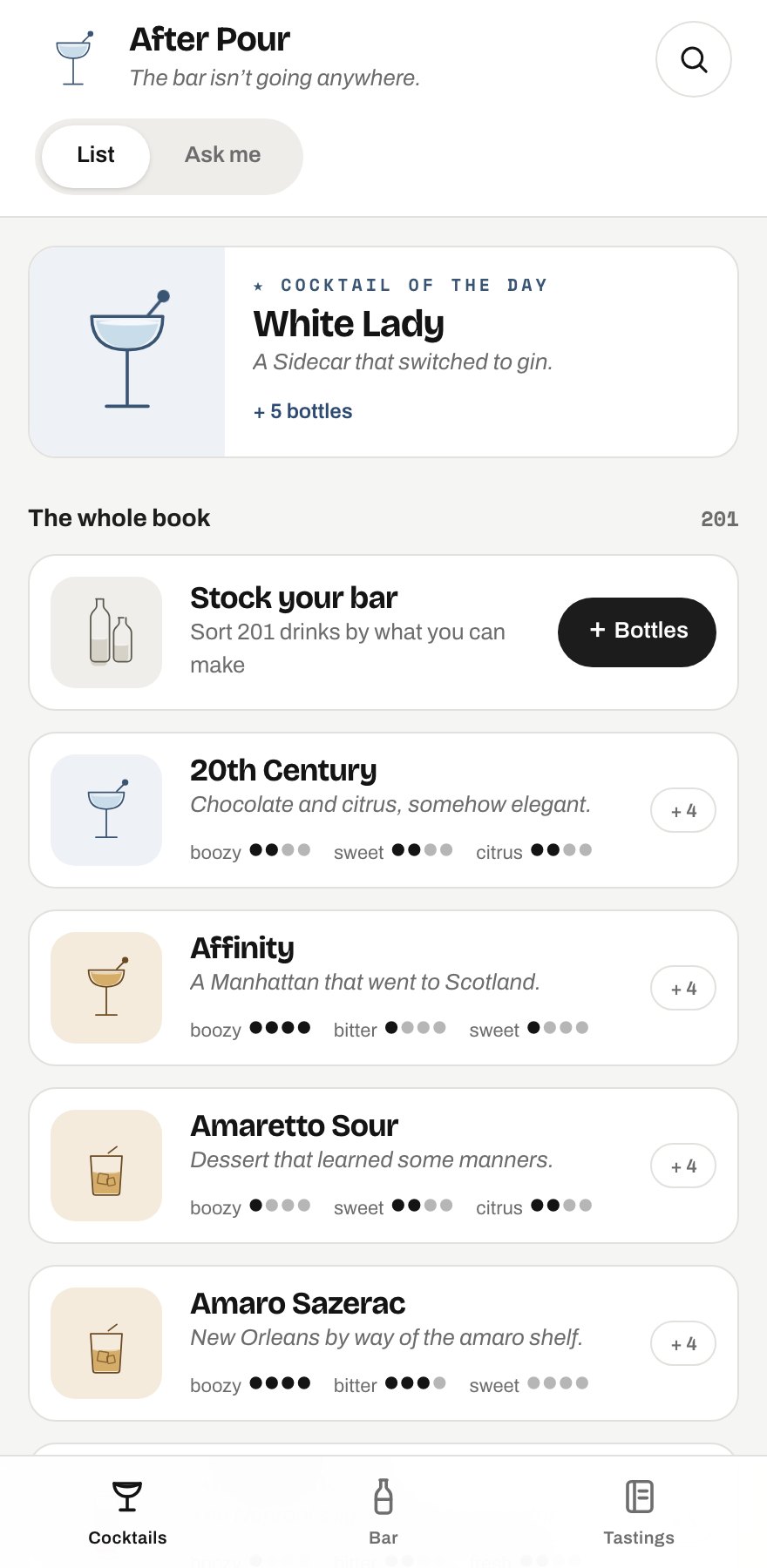 White editorial cocktail app home screen with cocktail of the day