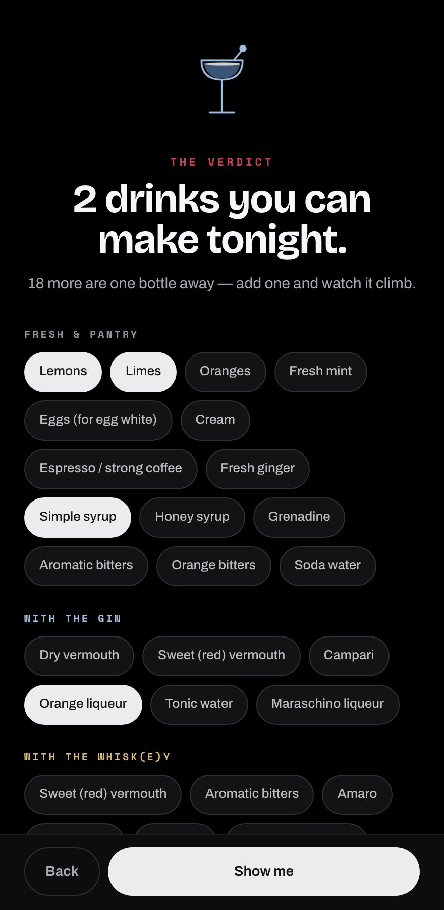 Onboarding verdict screen reading 2 drinks you can make tonight, with ingredient chips