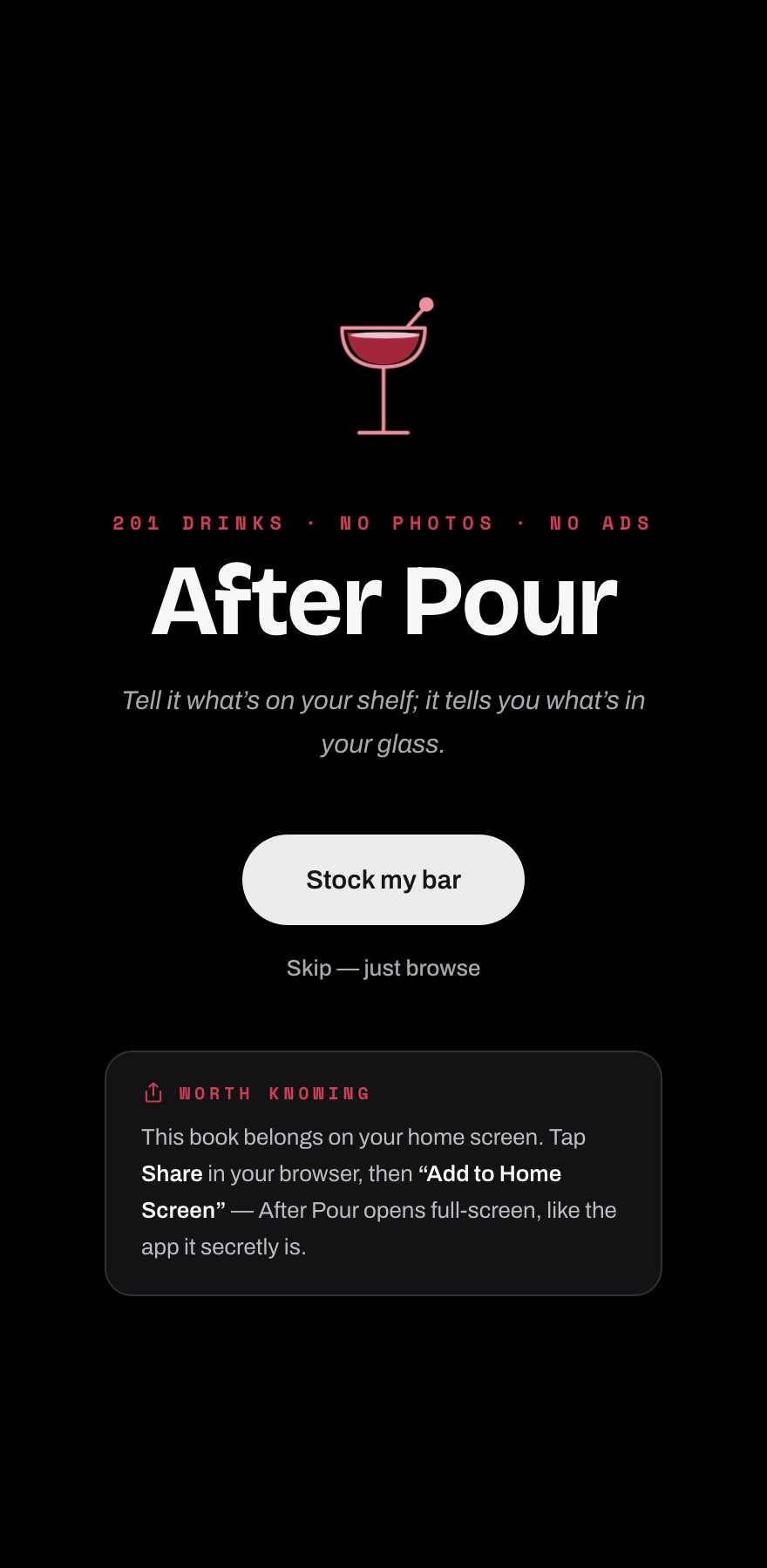 After Pour dark onboarding welcome screen with red coupe illustration