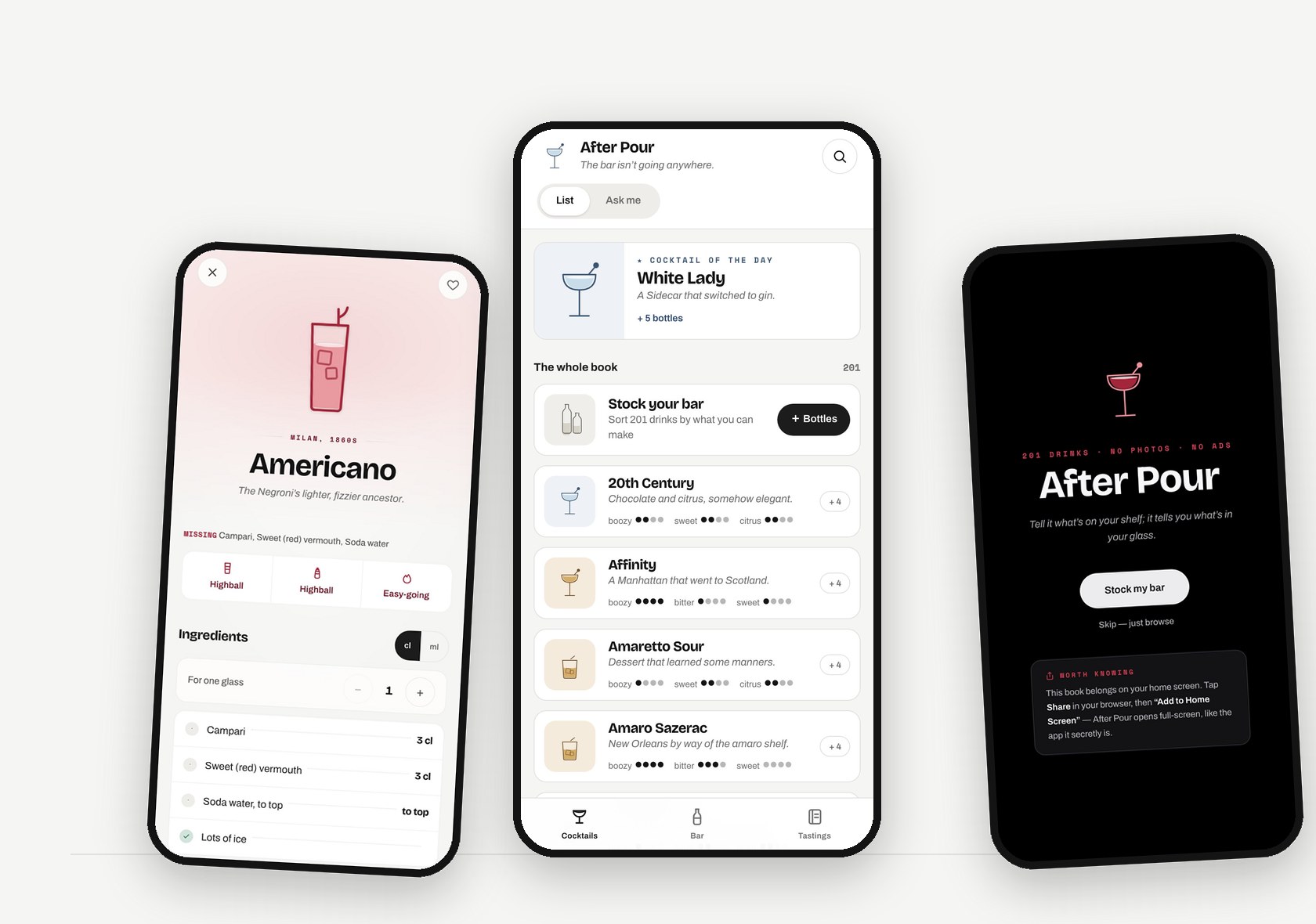 Pour Pierre / After Pour: three app screens on deep navy