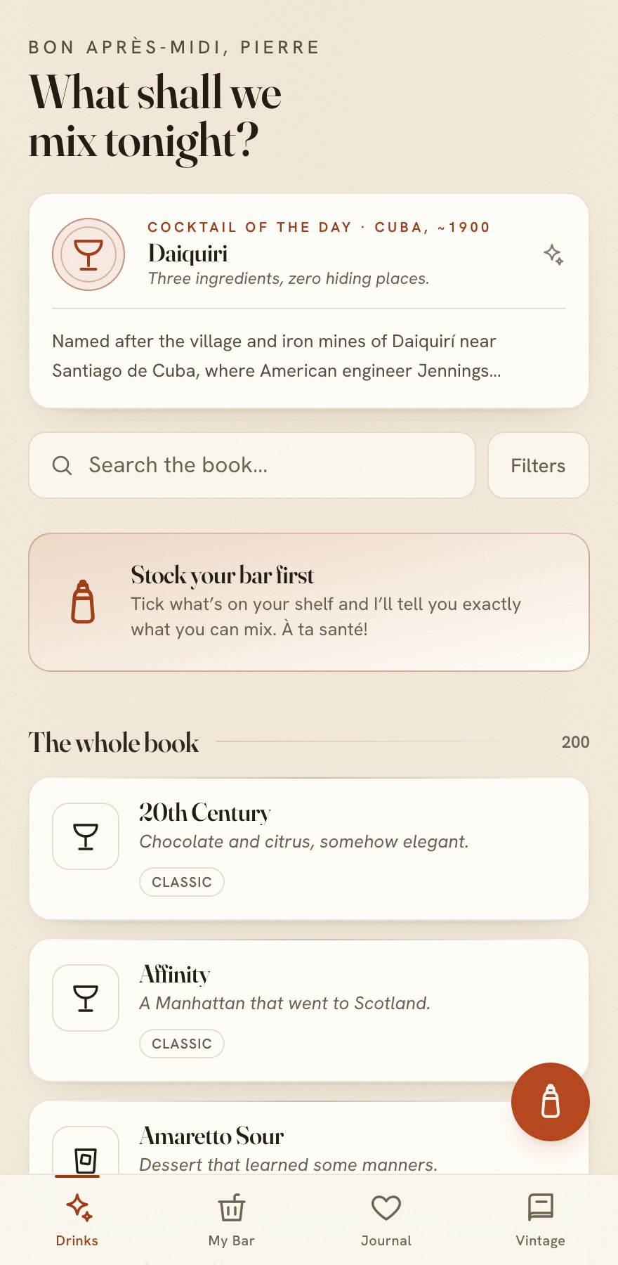 Cream paper-toned cocktail app home screen in an editorial menu style