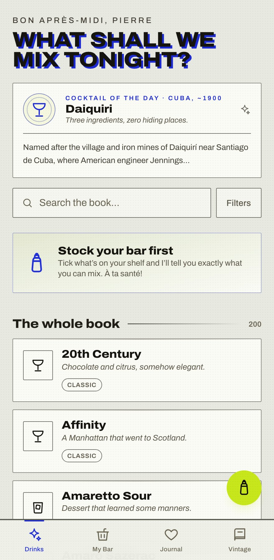 Newsprint-style cocktail app with offset blue display type and bright green button
