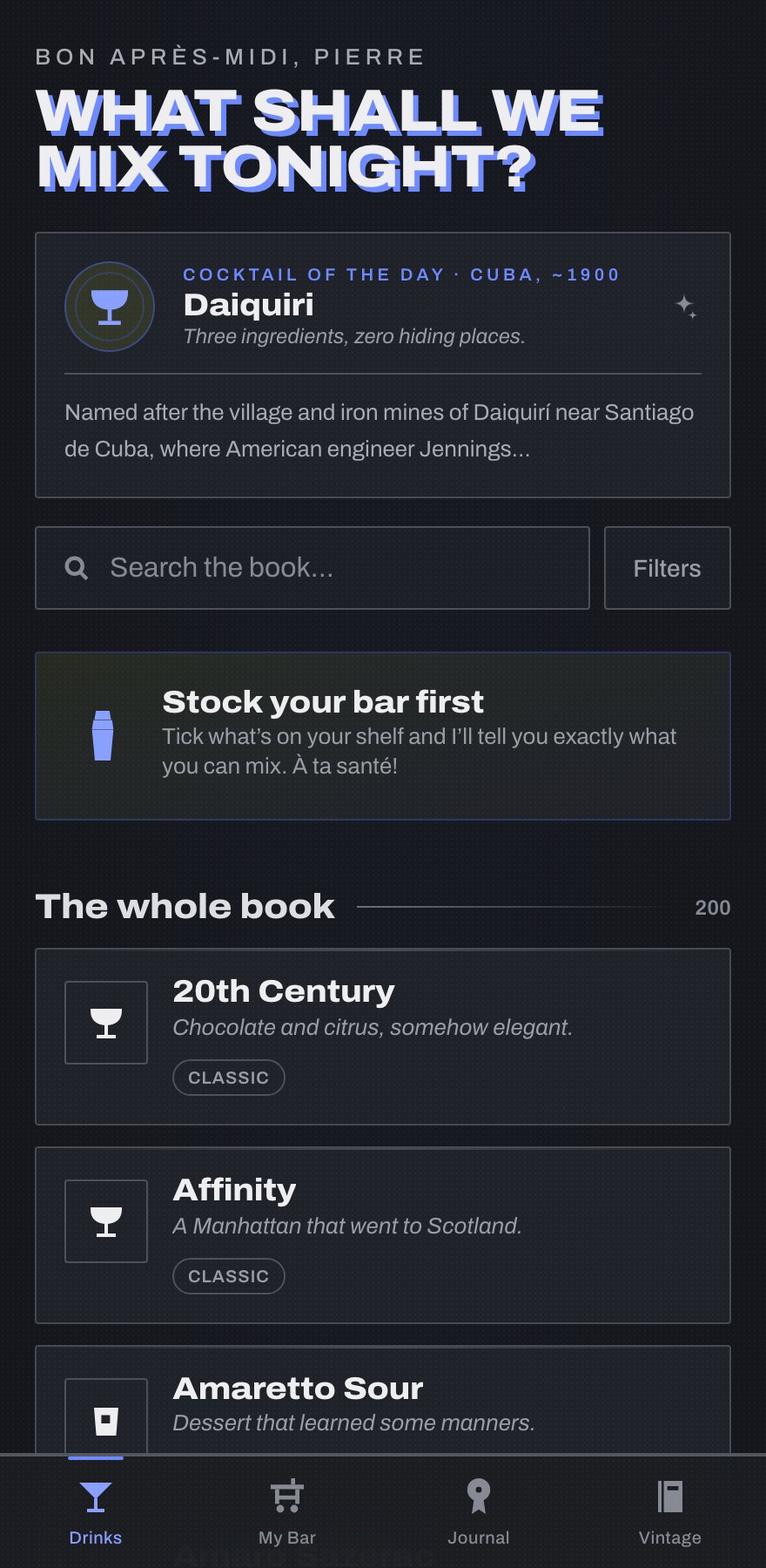 Black cocktail app home screen with glowing blue typography