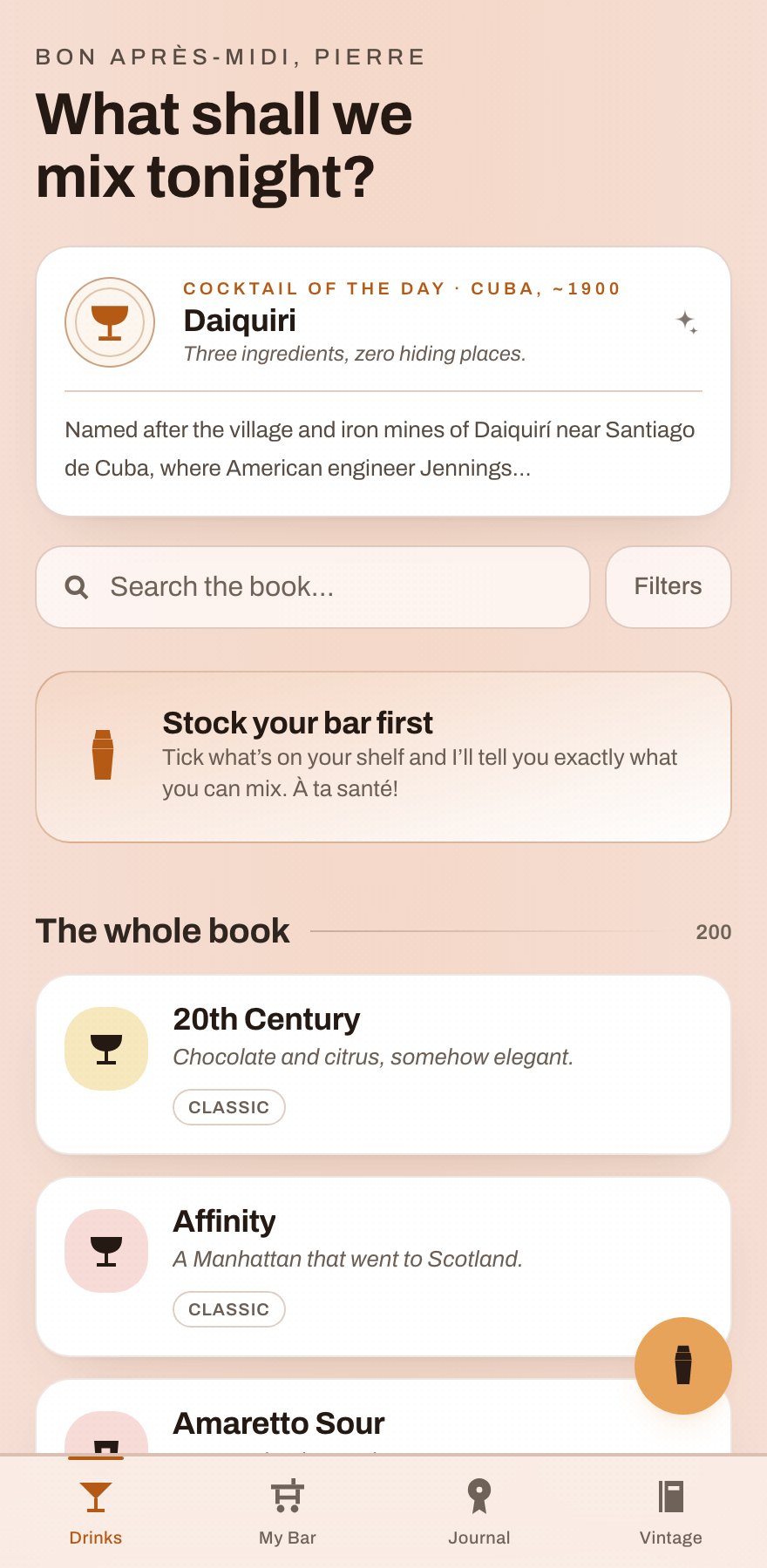 Soft pink pastel cocktail app home screen