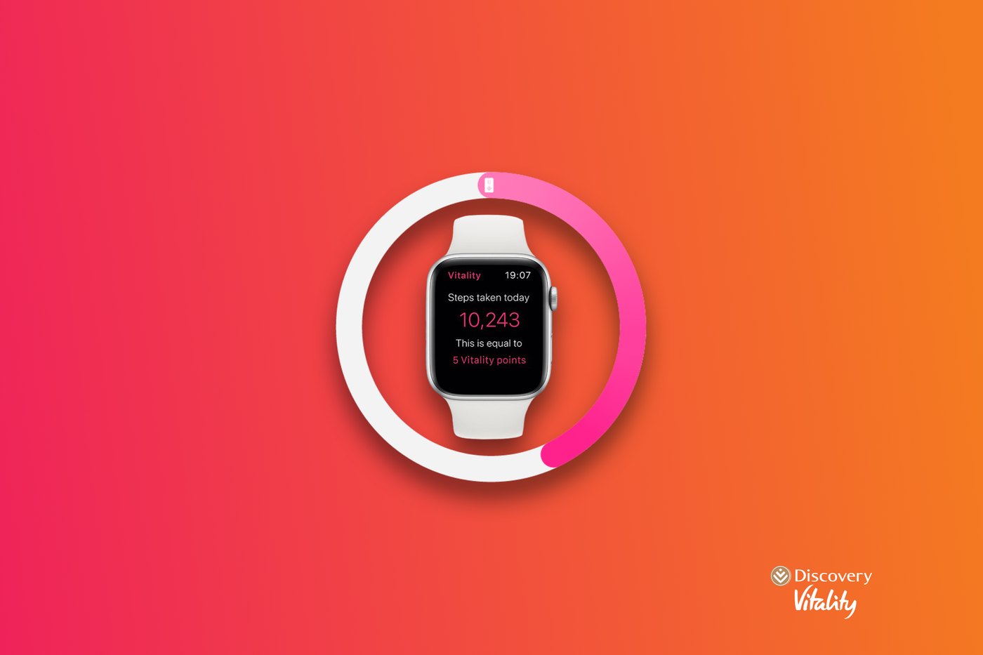 Apple Watch showing steps inside a Vitality activity ring, on the Vitality gradient