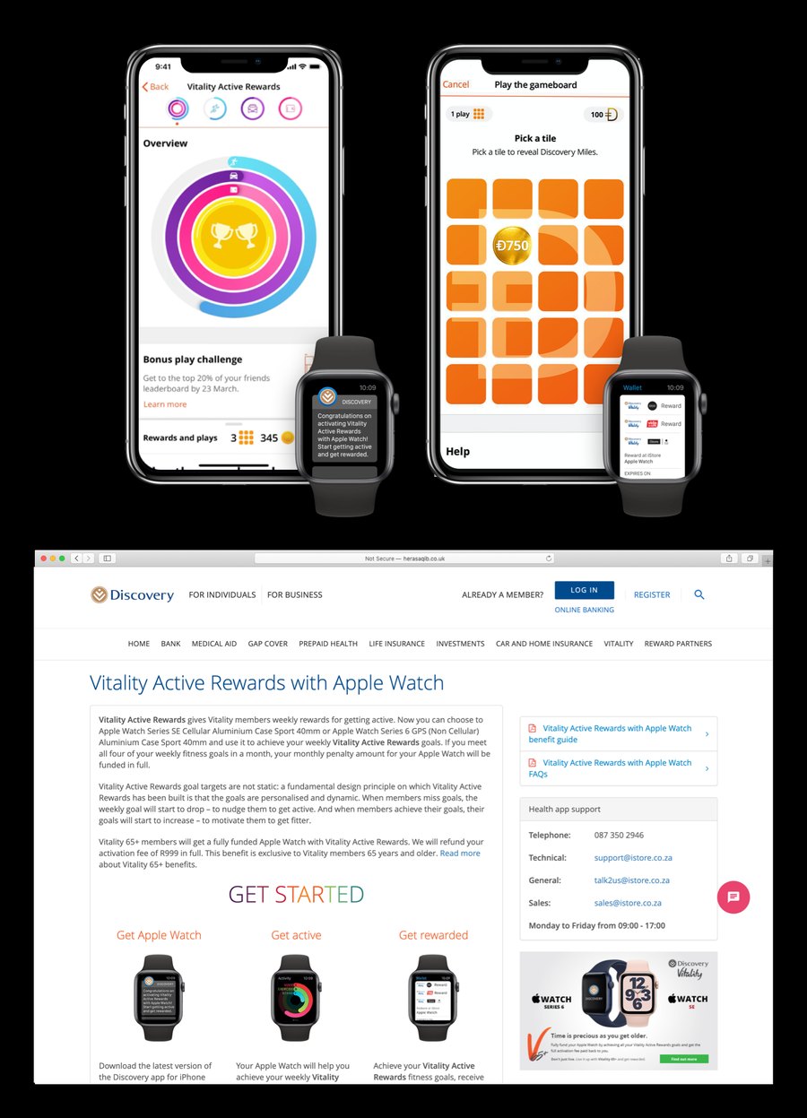 Vitality app goal rings and rewards grid, Apple Watch screens, and the Vitality Active Rewards with Apple Watch web page